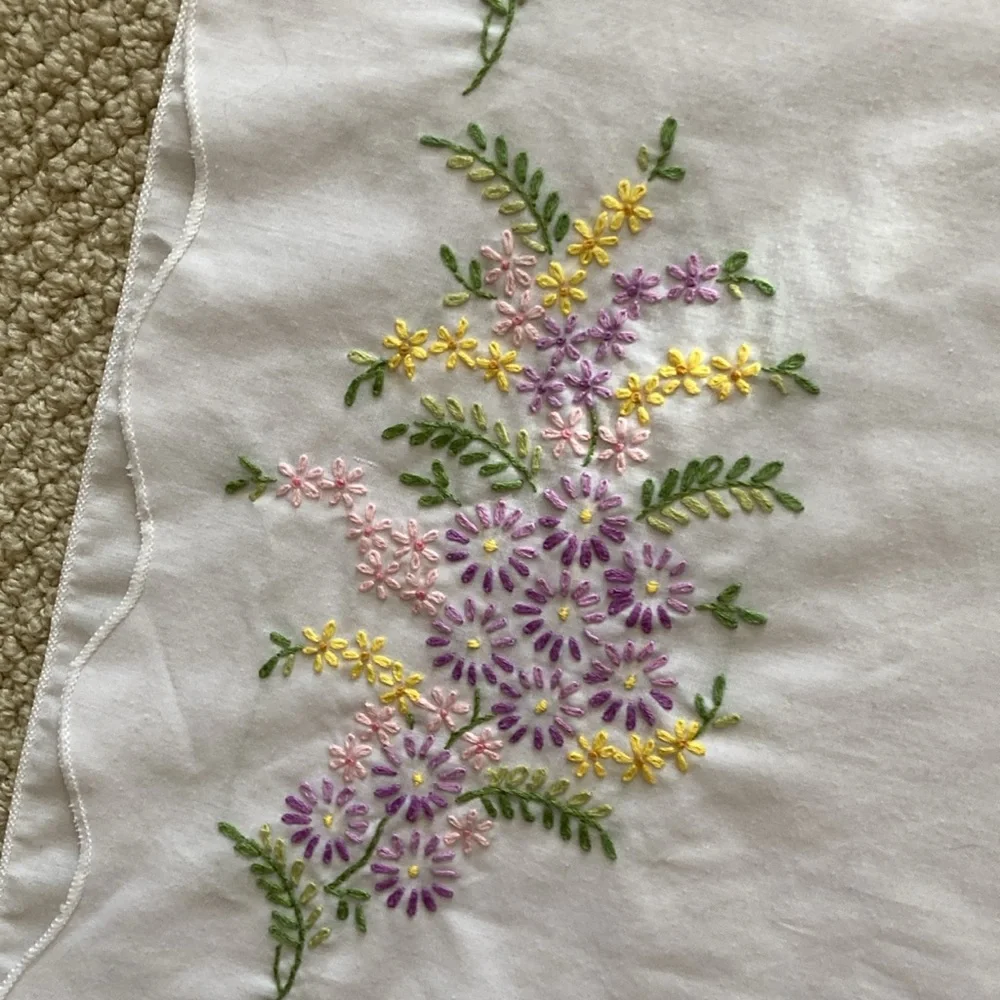 Hand Embroidered White Pillowcase Lavender Flowers Delicate Crafted Colorful EUC
